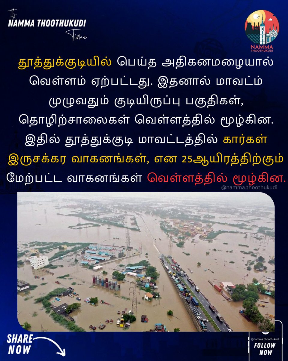 தூத்துக்குடியில் பெருமழை வெள்ளத்தால் 25ஆயிரம் வாகனங்கள் நீரில் மூழ்கி சேதம் அடைந்துள்ளது

#thoothukudi #nammathoothukudi #tuticorin #Thoothukudi #TNRains @geethajeevandmk  @KanimozhiDMK  @CollectorTuty @Tutycorp