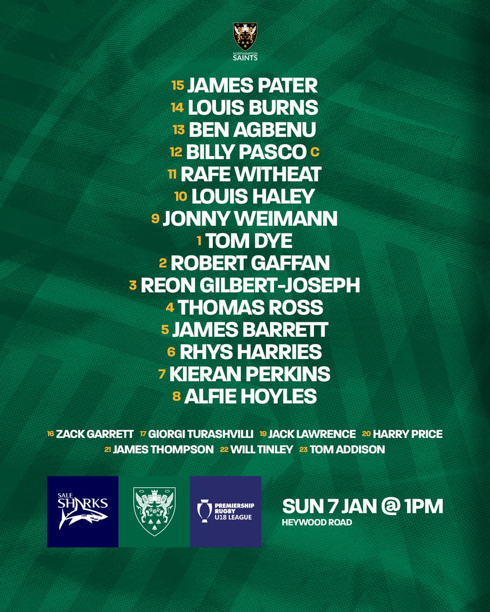 Saints Rugby Academy (@saintsrugbyacad) on Twitter photo We're baaaaack 🙌
Here is our side to face Sale in the <a href="/premrugby/">PREM Rugby</a> U18 League this Sunday.
northamptonsaints.co.uk/U18-Team We're baaaaack 🙌
Here is our side to face Sale in the <a href="/premrugby/">PREM Rugby</a> U18 League this Sunday.
northamptonsaints.co.uk/U18-Team