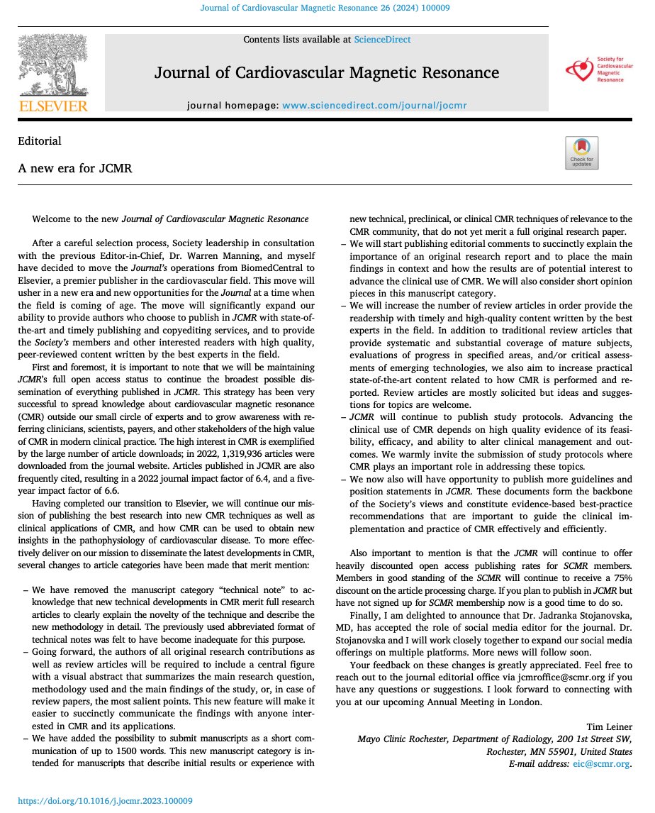 I am proud to announce that @journalofCMR has now completed the transition to our new publisher, ringing in a new era for the Journal of Cardiovascular Magnetic Resonance. You can read all about the changes in my editorial here: sciencedirect.com/science/articl… @SCMRorg @SMRAngio