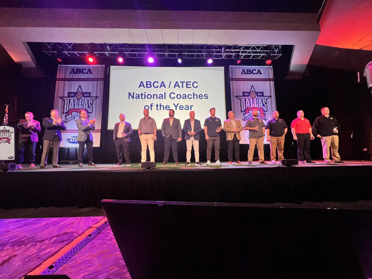 ABCA1945's tweet photo. Proud to honor the ABCA/ATEC National Coaches of the Year, ABCA/Marines Assistant Coaches of the Year, newest ABCA Lifetime Members, plus the Ethics, Youth Service &amp; Travel Service Award recipients! https://t.co/CbCUfO6Gik