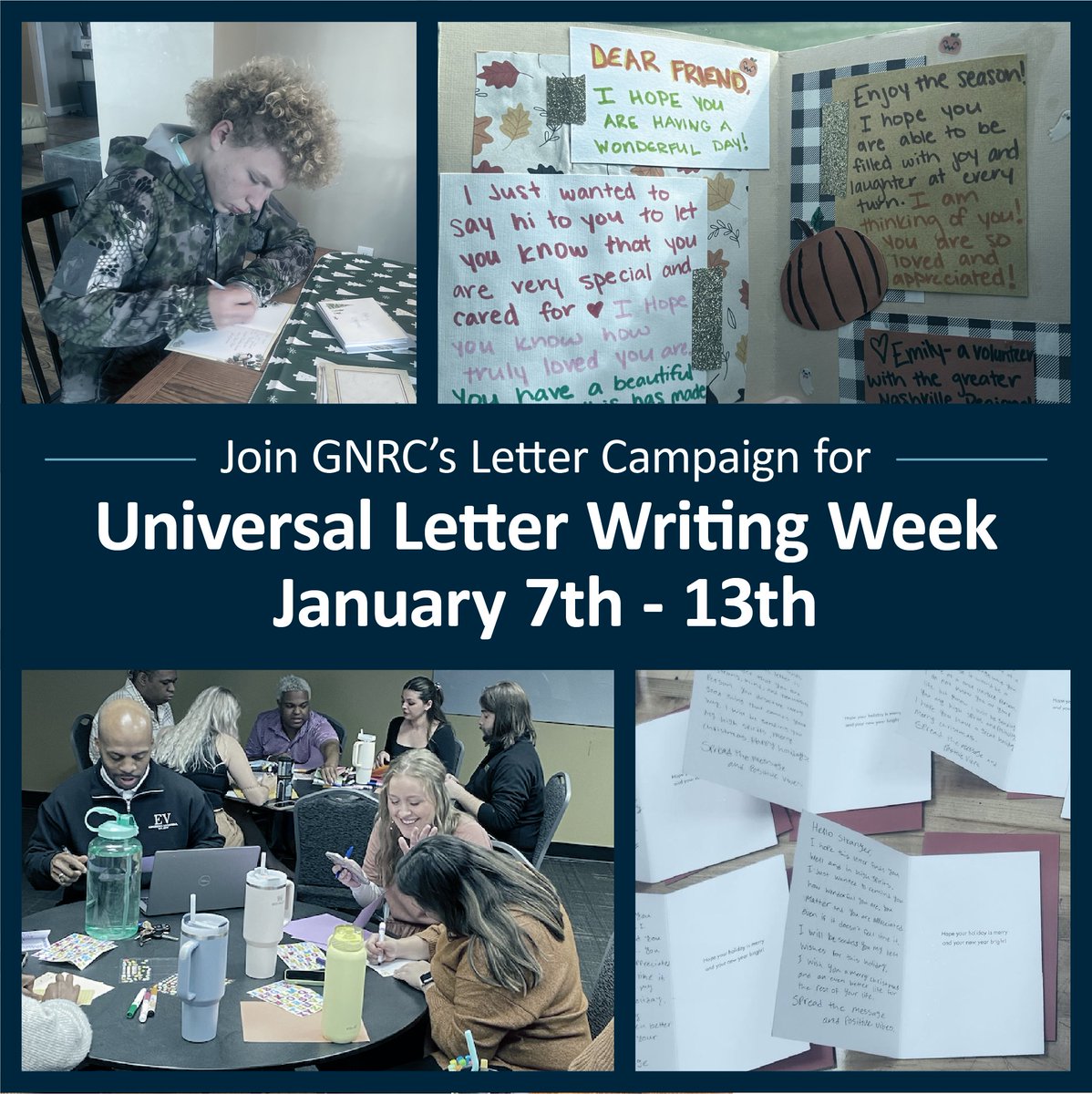 TheGNRC's tweet image. #UniversalLetterWritingWeek begins January 7th and encourages us to grab a pen and paper and write to someone. Celebrate with us by participating in our #LetterWritingCampaign here: hubs.la/Q02f6hfZ0

#LettersforSeniors #VolunteeringMatters #TNServes