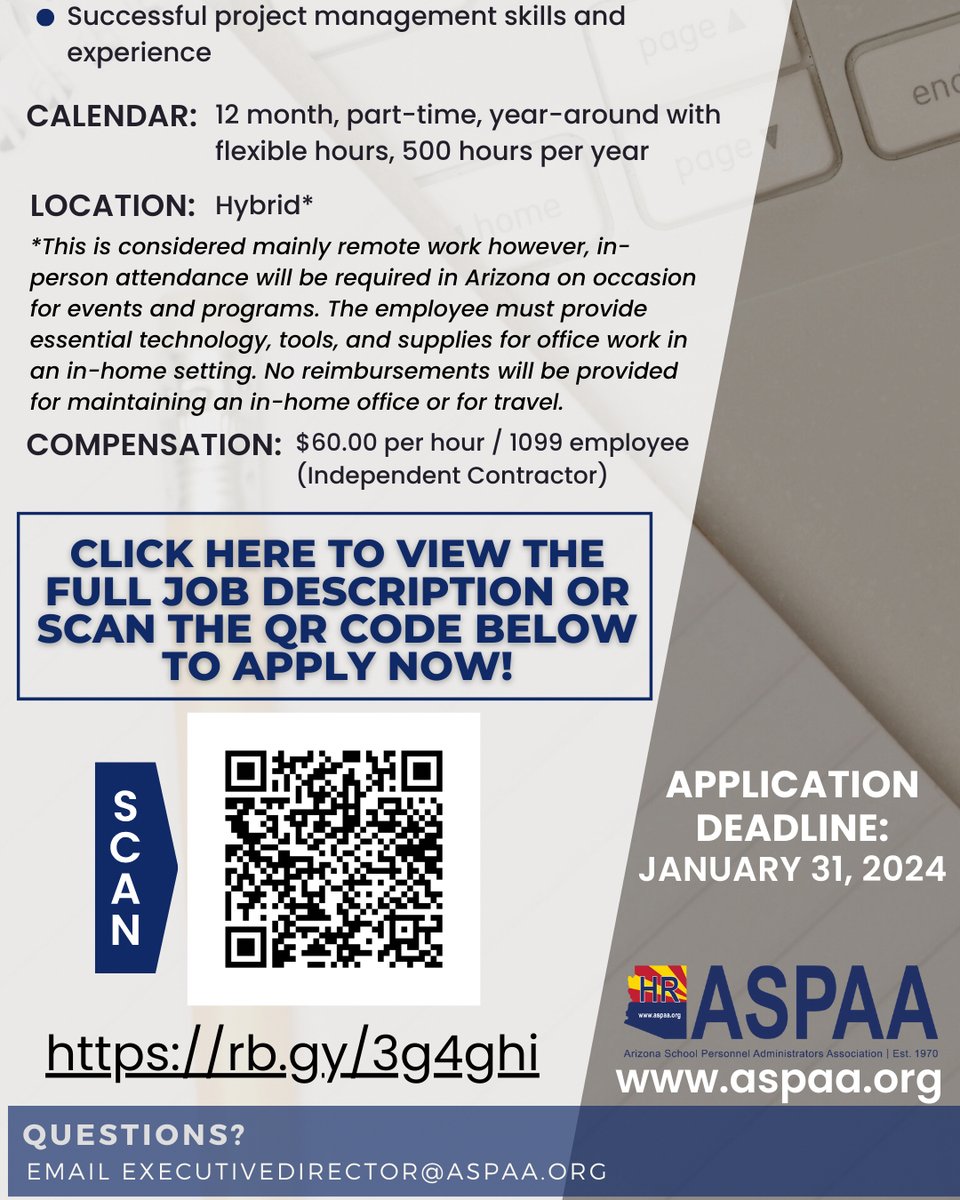 azaspaa's tweet photo. ๐ WE'RE HIRING! ๐ข Join our team in this hybrid, part-time role at $60/hr. ๐ฐโจ
*Application deadline is 01/31/2024. Apply now๐ https://t.co/44S6w2RkqI
#JobOpening #ProfessionalDevelopment #ASPAA #HR #Hiring #NowHiring #JobsinAz #HiringinAZ #CareersinHR #HumanResources https://t.co/qTkh4I6vKh