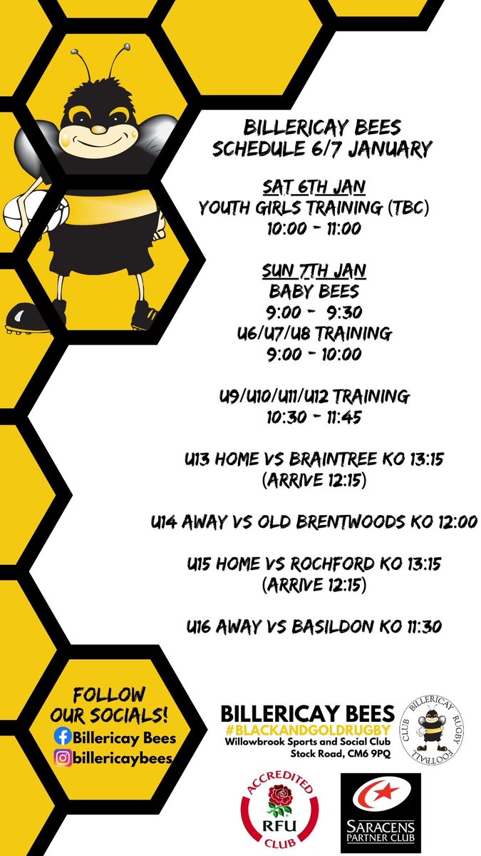 BILLERICAY BEES SCHEDULE 6/7 JANUARY 2024
RUGBY IS BACK!! HAPPY NEW YEAR!!
Happy New Year to all our Billericay Bees and their families!
Rugby is back and we are ready to pick up where we left off in 2023...