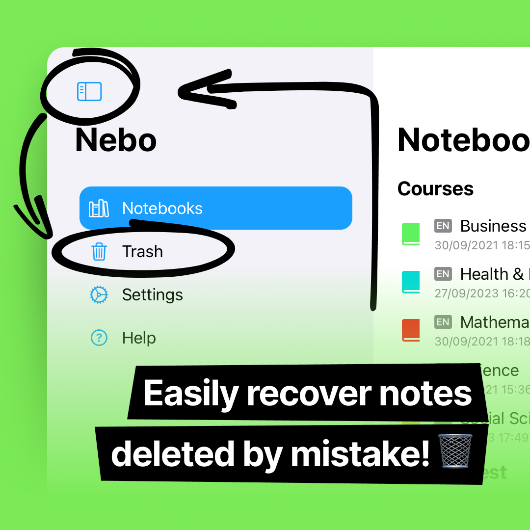 nebo_app's tweet photo. Introducing Nebo's newest feature: trash! Now you can easily recover those notes you deleted by mistake! π€© #TrashFeature #NeboApp https://t.co/IgUeI7Jaw5