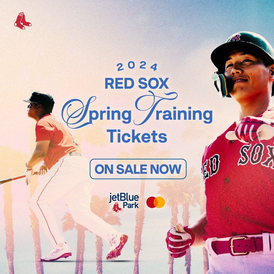 Pictured: On the left, a cutout of Rafael Devers at bat getting ready to run out of the box to first base. On the right, a cutout of Masataka Yoshida smiling and wearing his batting helemt. 

Text: 2024 Red Sox Spring Training tickets on sale now. 