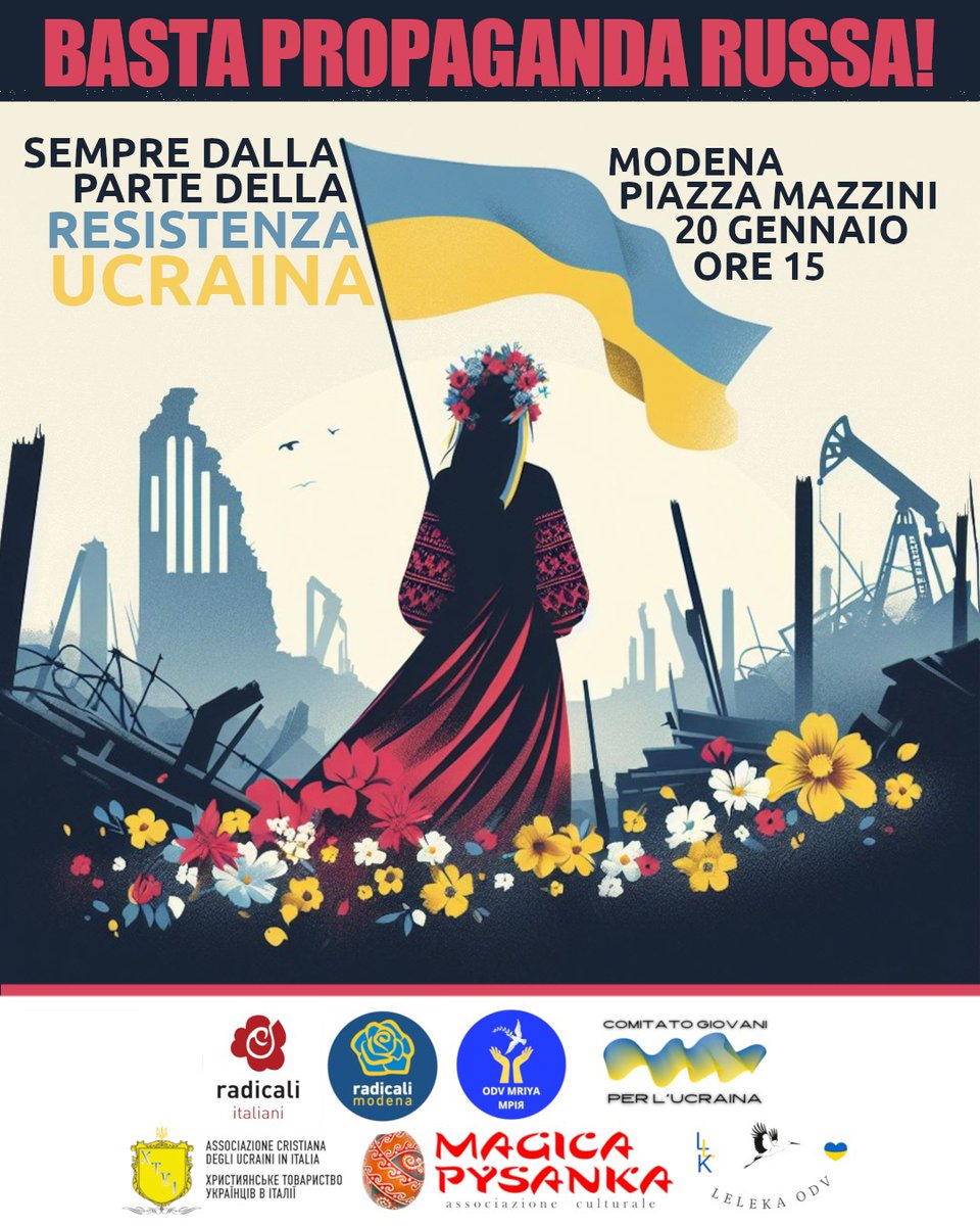 giovaniucraina's tweet photo. 🗓 IL 20 IN PIAZZA PER DIRE NO ALLA PROPAGANDA FILO-🇷🇺

Dopo la concessione della sala del Comune di #Modena per un evento a sostegno dell'invasione russa scenderemo in piazza insieme a @Radicali, @radicalimodena e diverse associazioni ucraine a sostegno della resistenza 🇺🇦 https://t.co/suHnLUPpUS