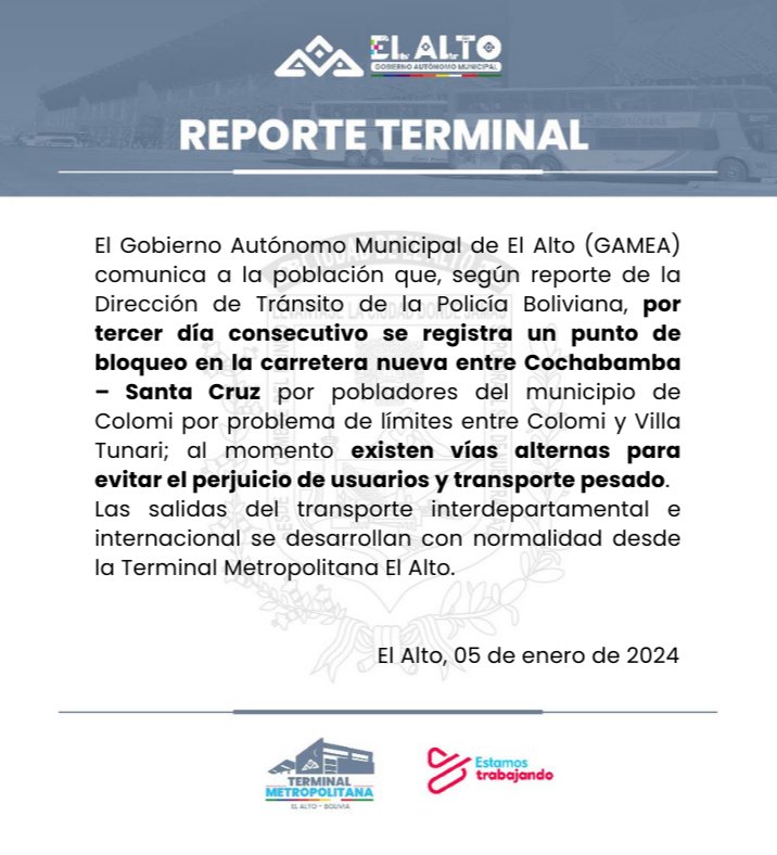 Terminal_Metro's tweet photo. 𝗥𝗘𝗣𝗢𝗥𝗧𝗘 𝗧𝗘𝗥𝗠𝗜𝗡𝗔𝗟  🚍

05 de enero de 2024

#EstamosTrabajando
#ElAlto 
#TerminalMetropolitanaElAlto 
#Bloqueo
#Cochabamba
#SantaCruz 
#VillaTunari
#Colomi
#Ultimo https://t.co/8SisaFjnzP