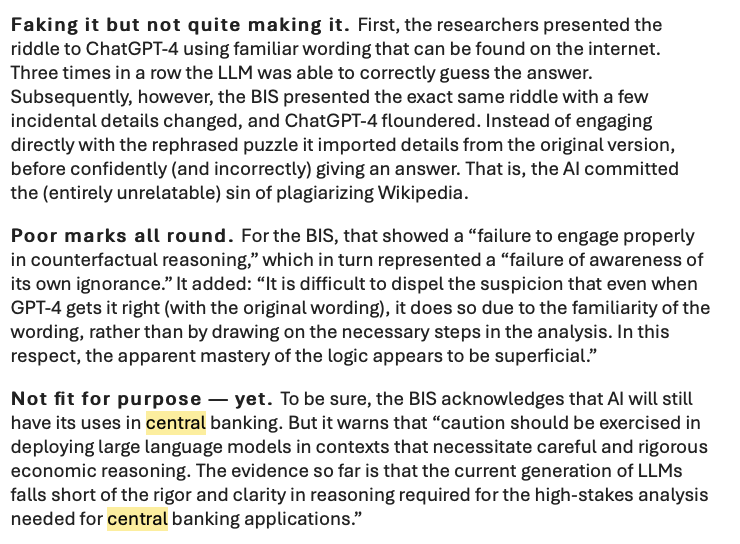 Our newsletter summary of the @BIS_org 's great paper showing that when ChatGPT is faced with tricky questions it prefers to straight-up lie (and plagiarise Wikipedia) than admit to ignorance bis.org/publ/bisbull83…