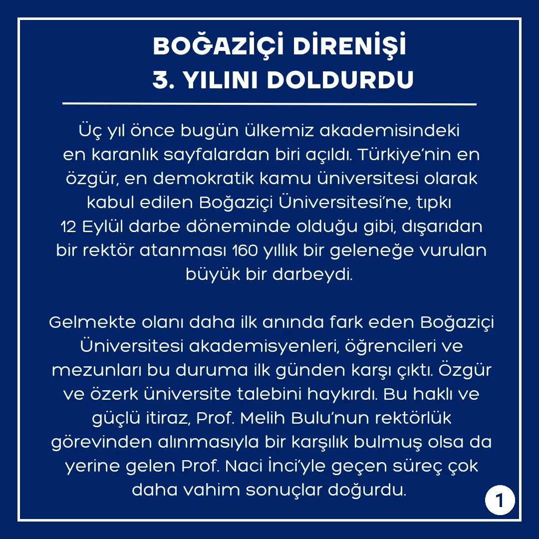 bumedofficial's tweet photo. Üç yıl önce bugün ülkemiz akademisindeki en karanlık sayfalardan biri açıldı. 

Türkiye’nin en özgür, en demokratik kamu üniversitesi olarak kabul edilen Boğaziçi Üniversitesi’ne, tıpkı 12 Eylül darbe döneminde olduğu gibi, dışarıdan bir rektör atanması 160 yıllık bir geleneğe https://t.co/CLYlNHSLJV