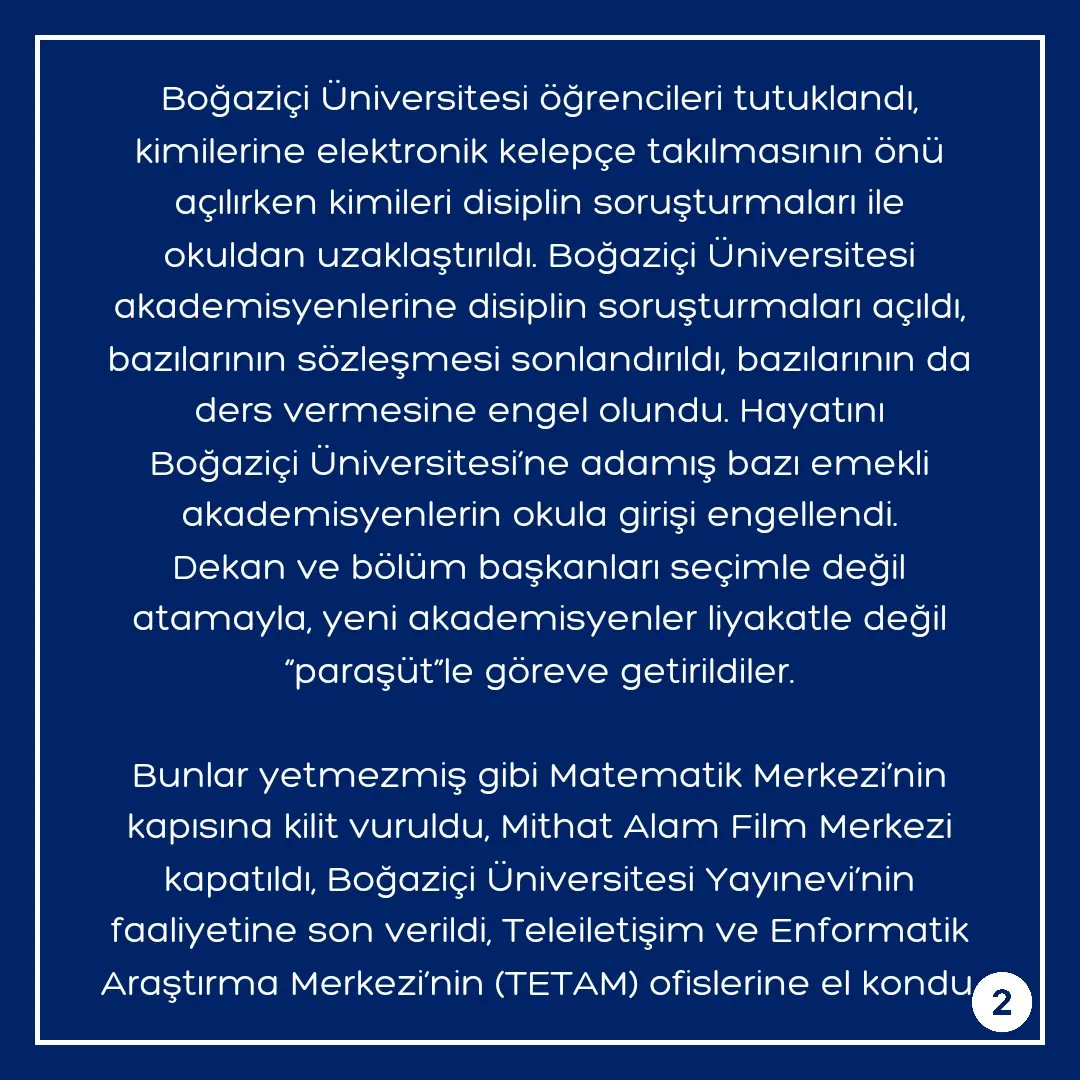 bumedofficial's tweet photo. Üç yıl önce bugün ülkemiz akademisindeki en karanlık sayfalardan biri açıldı. 

Türkiye’nin en özgür, en demokratik kamu üniversitesi olarak kabul edilen Boğaziçi Üniversitesi’ne, tıpkı 12 Eylül darbe döneminde olduğu gibi, dışarıdan bir rektör atanması 160 yıllık bir geleneğe https://t.co/CLYlNHSLJV