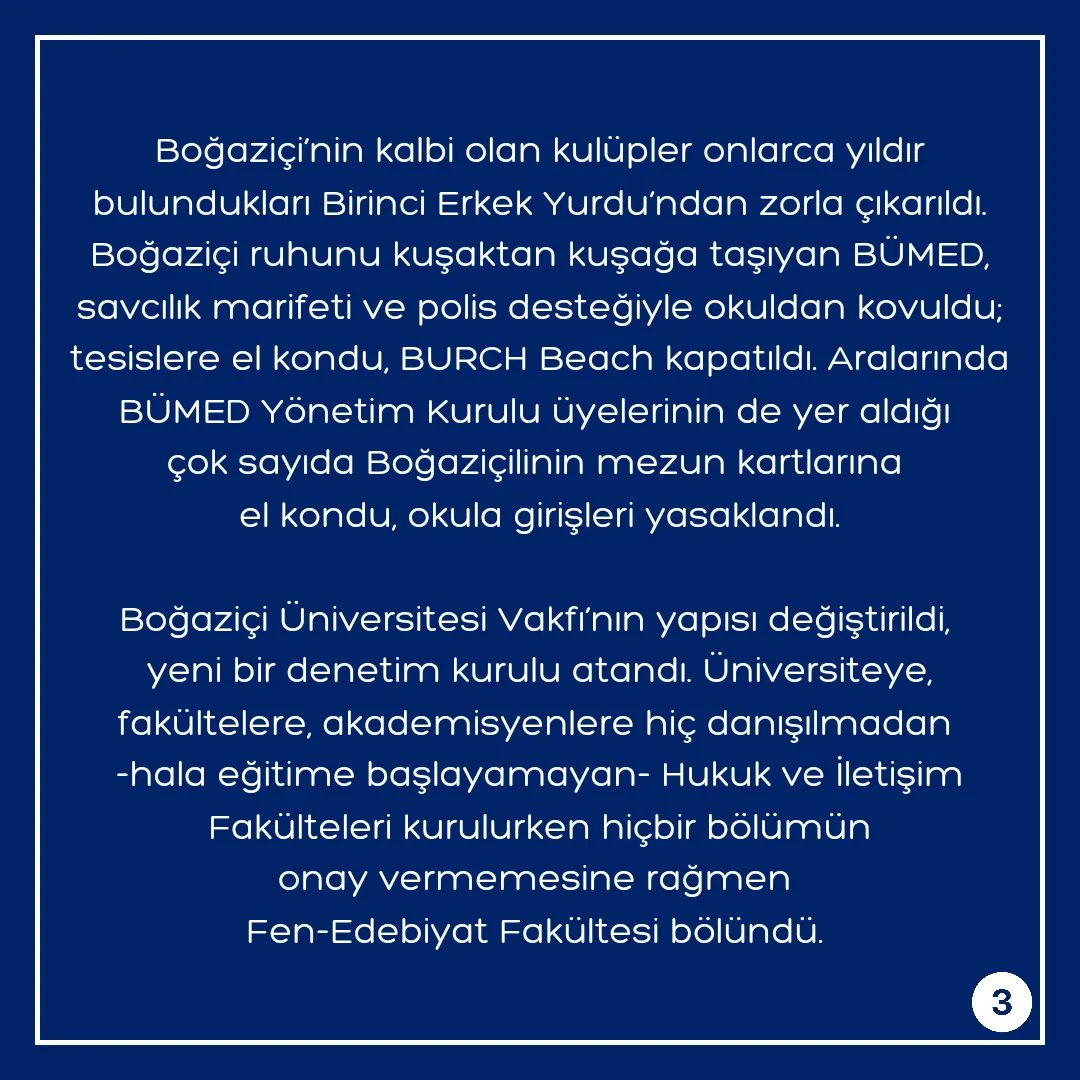 bumedofficial's tweet photo. Üç yıl önce bugün ülkemiz akademisindeki en karanlık sayfalardan biri açıldı. 

Türkiye’nin en özgür, en demokratik kamu üniversitesi olarak kabul edilen Boğaziçi Üniversitesi’ne, tıpkı 12 Eylül darbe döneminde olduğu gibi, dışarıdan bir rektör atanması 160 yıllık bir geleneğe https://t.co/CLYlNHSLJV