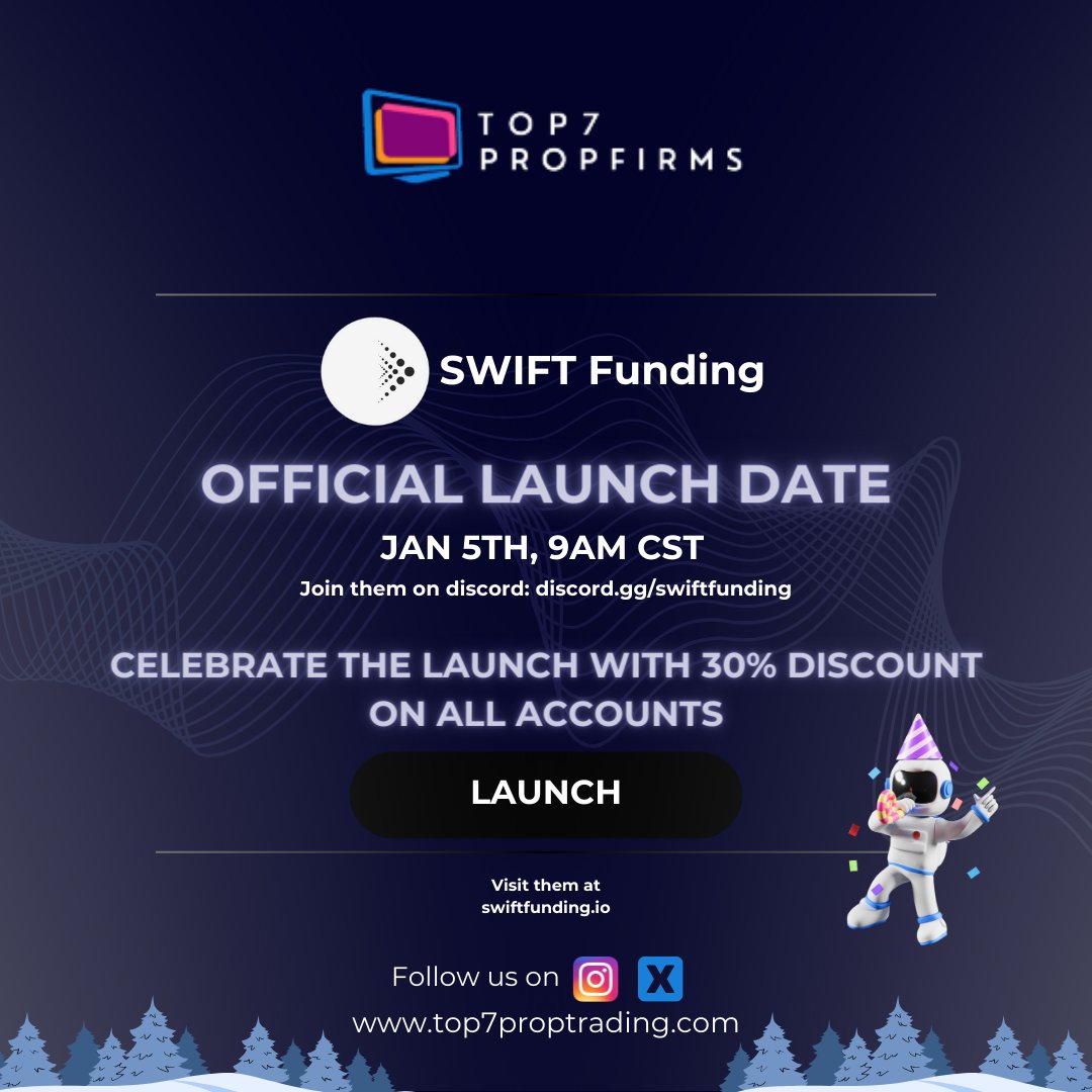 T7Proptrading's tweet image. Swift Funding Launch Today

-30% off on all accounts
Code: LAUNCH

#swiftfunding #PROPFIRM #today #launch #proptrader