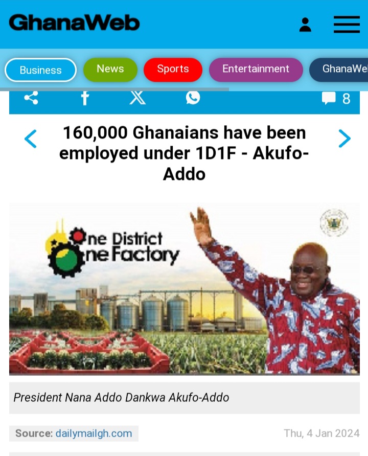 Jojo_stephen1's tweet image. President Akufo Addo announced that the One District One Factory (1D1F) initiative has generated employment opportunities for 160,000 Ghanaians.

This substantial achievement is spread across a network of 169 factories operating under the initiative, showcasing its wide-ranging…
