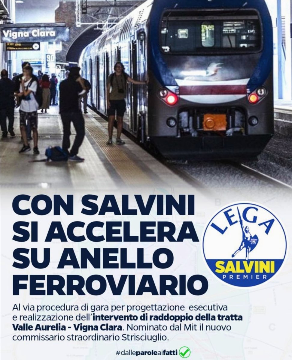 Bene l'impegno del ministro <a href="/matteosalvinimi/">Matteo Salvini</a> su l'Anello ferroviario di Roma! La gara per il doppio binario Valle Aurelia-Vigna Clara aumenterà le corse e risponde alle richieste fatte dai cittadini. Una mobilità moderna: quello che serve a Roma per tornare grande! <a href="/LegaSalvini/">Lega</a>