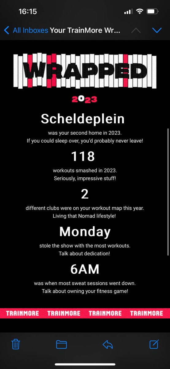 Khlauss's tweet photo. My gym sent me a “Spotify wrapped” type of end of the year note.

I hope my bar stay away from this trend. https://t.co/0n7UZoXLWS