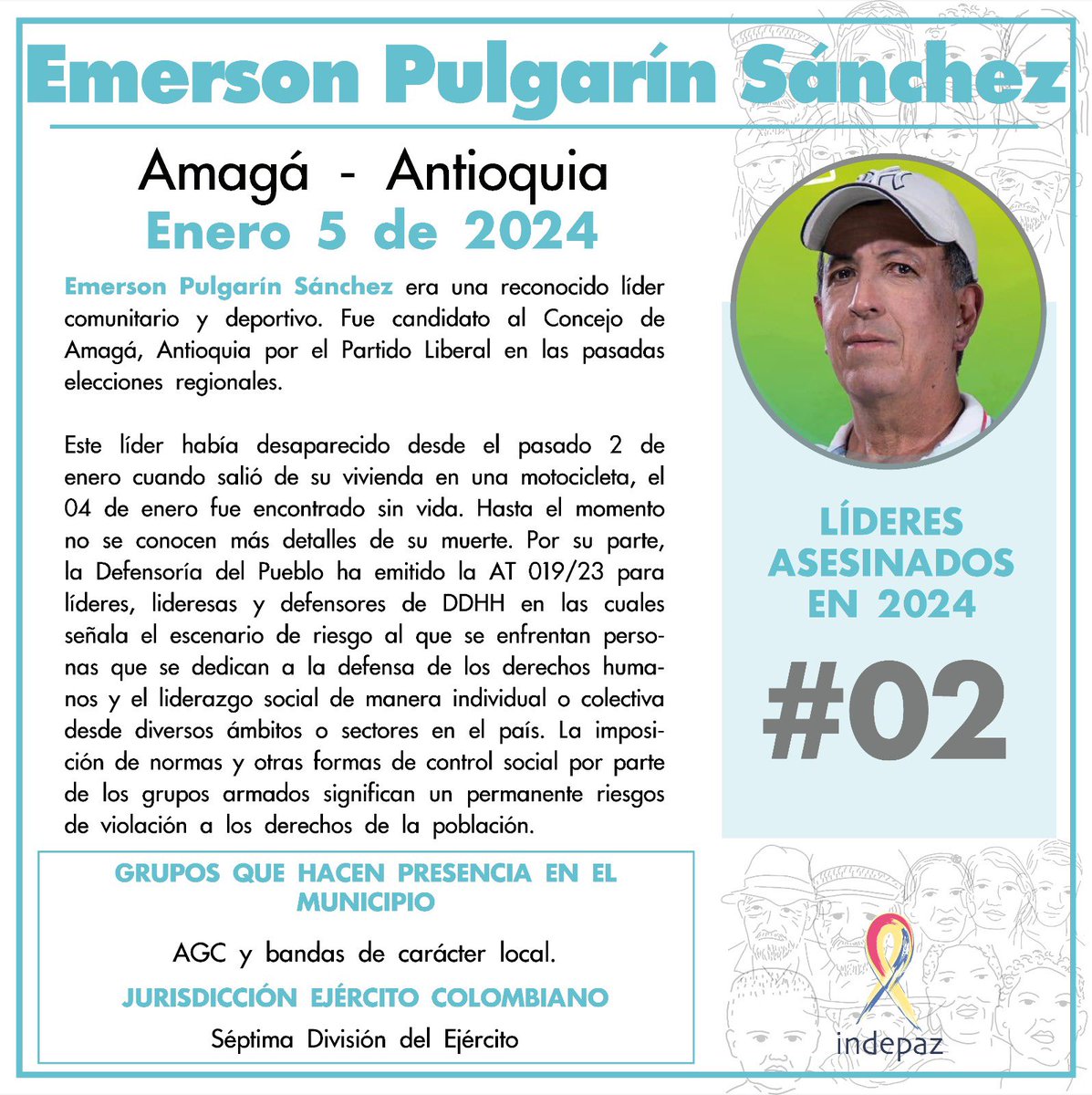 Indepaz's tweet photo. 🔴👥 Emerson Pulgarín Sánchez
📆 Fecha:04/01/24
📍 Lugar: Amagá, Antioquia

➡️Emerson Pulgarín Sánchez era una reconocido líder comunitario y deportivo. Fue candidato al Concejo de Amagá, Antioquia por el Partido Liberal en las pasadas elecciones regionales https://t.co/H9Zq52j12a
