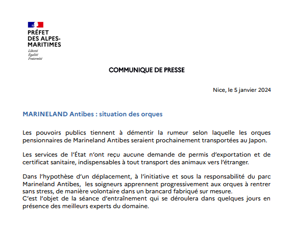 prefet06's tweet photo. Les pouvoirs publics tiennent à démentir la rumeur selon laquelle les orques pensionnaires de Marineland Antibes seraient prochainement transportées au Japon.
Des autorisations sont indispensables pour un transport d'animaux à l'étranger et les services n'ont reçu aucune demande. https://t.co/ImFakF4Wzr