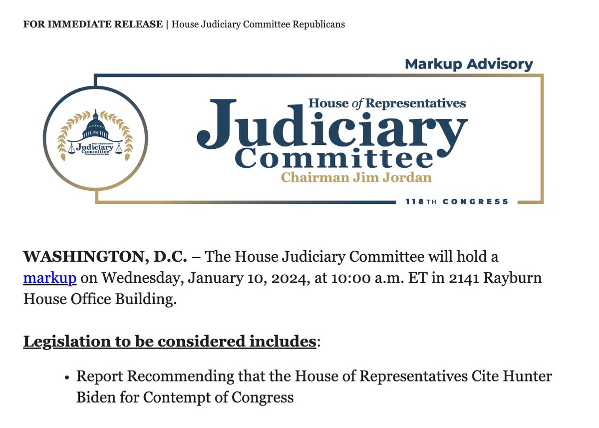 House Oversight and Judiciary both meeting Wednesday morning to markup contempt resolution and report against Hunter Biden: