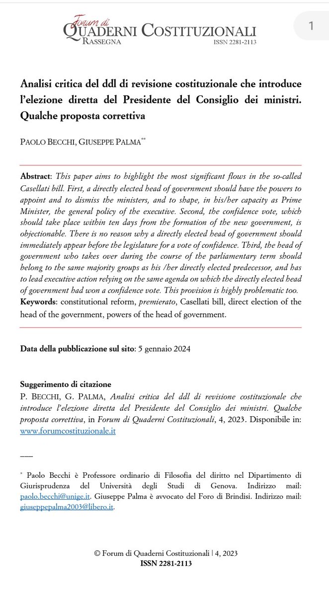 🔵 Una mia analisi dettagliata, scritta insieme a P. Becchi, del ddl di revisione costituzionale Meloni-Casellati, con critiche costruttive e proposte migliorative, pubblicato oggi su 'QUADERNI COSTITUZIONALI' 📝 📌Qui per scaricare il PDF 👇 forumcostituzionale.it/wordpress/?p=1… #premierato