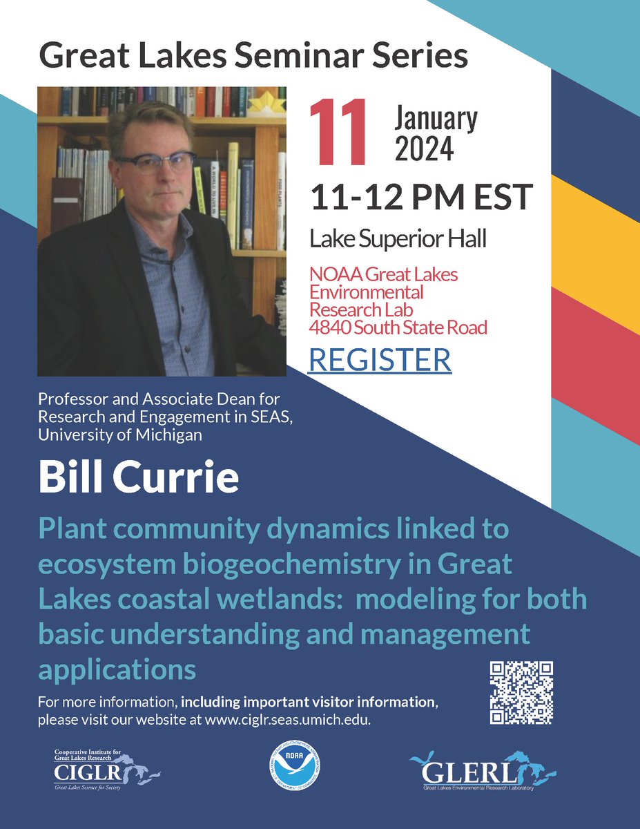 CIGLR_UM's tweet photo. 🚨 Join us for a #GreatLakes seminar, January 11 @NOAA_GLERL!

"Plant community dynamics linked to ecosystem biogeochemistry in #GreatLakes coastal wetlands..."

When: Thursday, Jan 11, 11-12pm

Who: Bill Currie (@UMSEAS)

For registration &amp; more: https://t.co/X84Z4G2lDT https://t.co/QPqwdMOnho