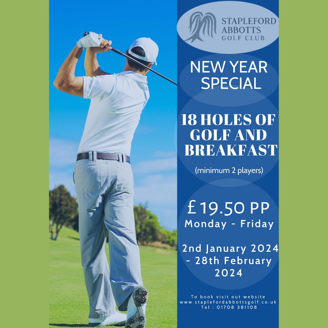 Kickstart your golf in 2024 with our exclusive New Year’s Golf Special. Enjoy 18 holes of golf and breakfast for just £19.50 per person. Tag your golf buddies and make a memorable golfing experience. Email info@staplefordabbottsgolf.co.uk or call the club to book. #essex