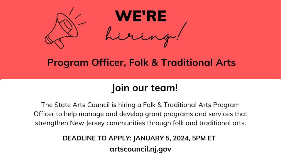 APPLICATION DEADLINE TODAY AT 5 PM ET!

Job Opportunity with the New Jersey State Council on the Arts: Program Officer, Folk & Traditional Arts

Learn more: conta.cc/3RA6qXN #NJarts #FolkArt #NJFolkArts