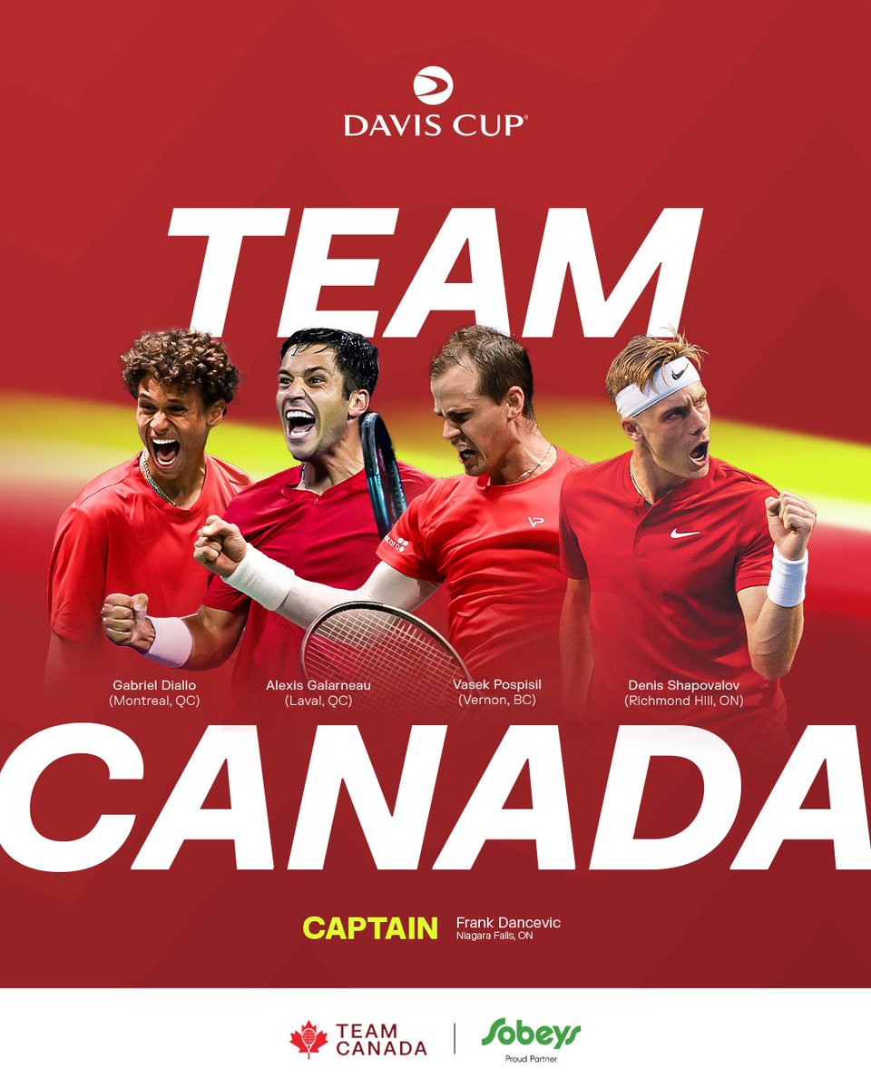 DAVIS CUP QUALIFIERS LINEUP:

Canada🇨🇦 takes on Korea Republic🇰🇷 February 2-3 in Montréal as 🇨🇦Denis Shapovalov, 🇨🇦Vasek Pospisil, 🇨🇦Alexis Galarneau, & 🇨🇦Gabriel Diallo look to get the 2022 #DavisCup Champions back to the Group Stage Finals in September 2024.

#CdnTennis #ATP