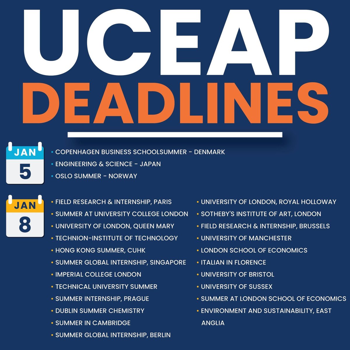 We have UCEAP deadlines today Jan 5 and in a few days on Jan 8. 

Search programs by using the link here bit.ly/3H6N9H9

Get your applications in before it's too late.

#uceap #studyabroad #bearsabroad