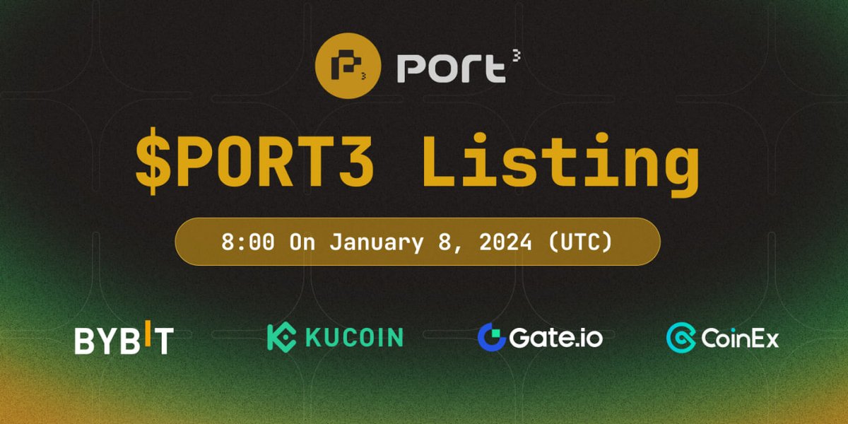 Port3Network's tweet photo. 🌐 Major Milestone! 🚀 @Port3Network $PORT3 is set for a grand debut on four top-notch platforms simultaneously!

🔷 @Bybit_Official, @kucoincom, @gate_io, and @coinexcom Listings 🚀

📅 All platforms go live at 8 AM UTC on Jan 8, 2024!

🌟 Don't miss the synchronized trading excitement! #Port3Network #CryptoListing