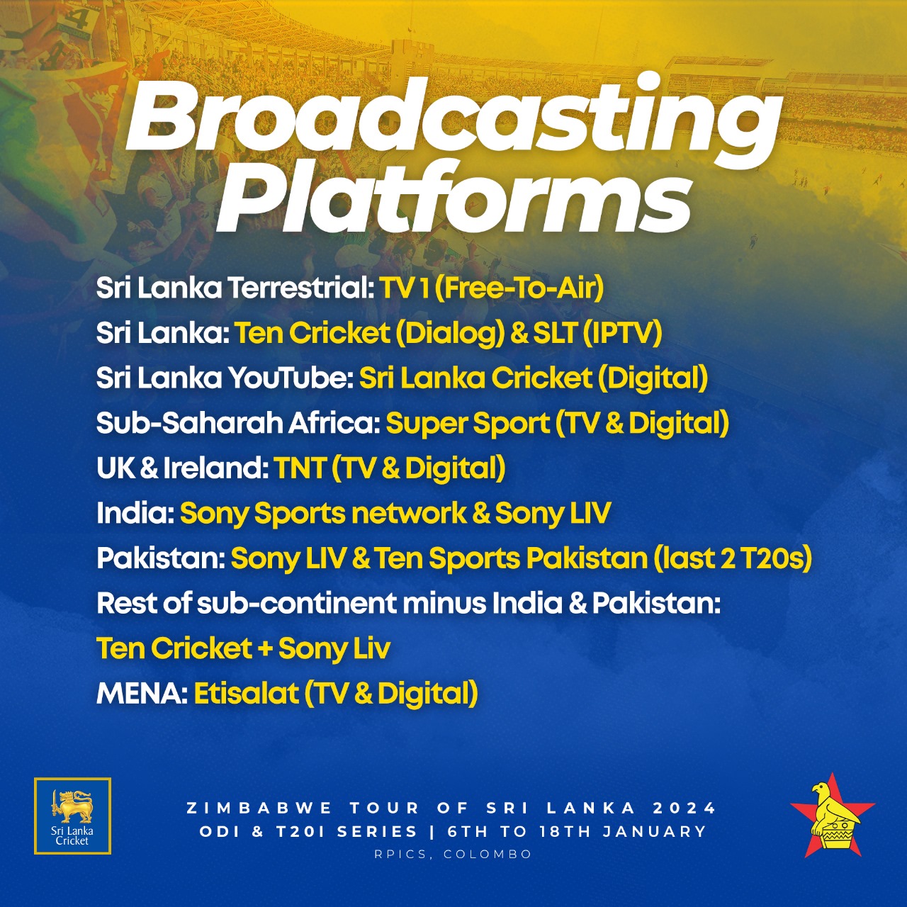 Sri Lanka Cricket on X Catch all the live moments of the Sri Lanka vs Zimbabwe ODI series on below channels. Don t miss a single wicket or boundary SLvZIM https t fmdqdyqthT