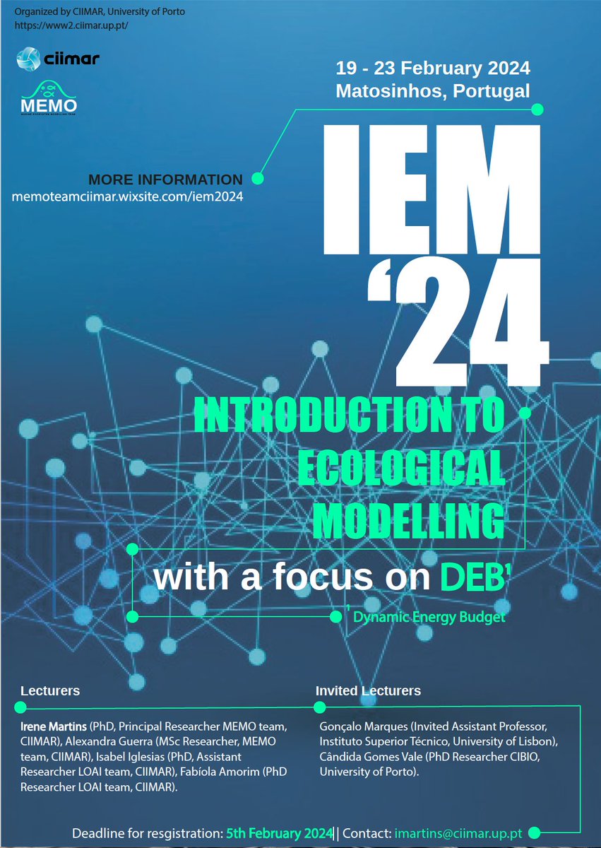 📣Check out the Introduction to Ecological Modeling course, which will take place in Matosinhos between 19-23 February 2024 📍Deadline for registration: 5th February 2024 More information 👇memoteamciimar.wixsite.com/iem2024