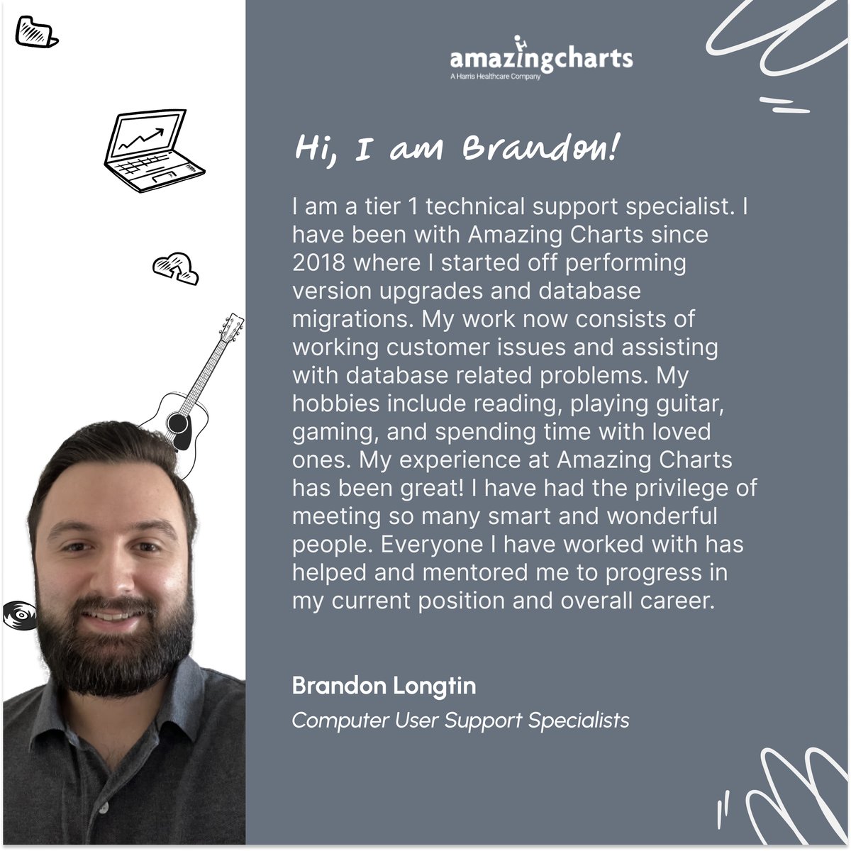 AmazingCharts's tweet photo. Meet Brandon, our tech whiz at Amazing Charts since 2018! From upgrades to solving customer issues, he's our go-to guy. Grateful for the incredible journey, surrounded by intelligent mentors and a fantastic team! 

#AmazingChartsTeam #AmazingChartsJourney #CustomerSupportPro https://t.co/fGk5XNtSIr