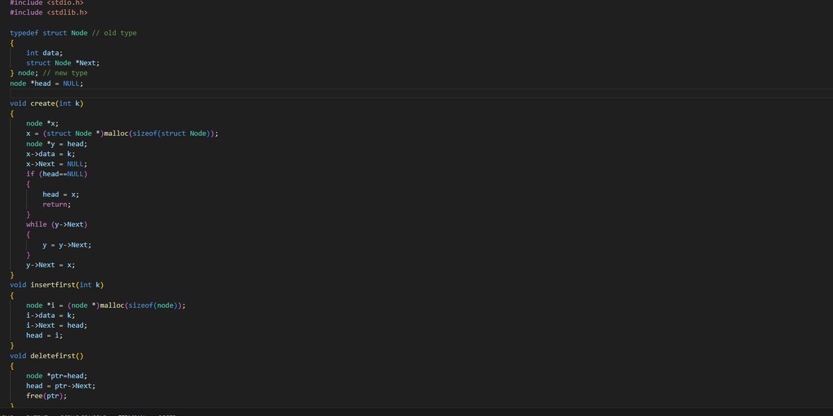 #day1 of  #100DaysOfCode challenge  Today, I implemented all operations of a singly linked list in the C language.