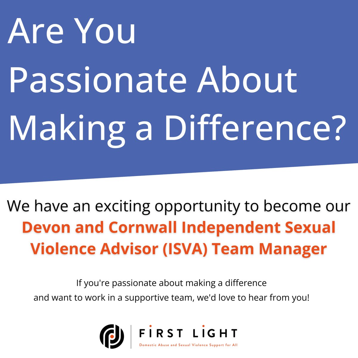 FirstLightSW's tweet image. We have an exciting opportunity to become our Devon and Cornwall Independent Sexual Violence Advisor (ISVA) Team Manager.

Deadline: 12/1/24

Apply now at: firstlight.org.uk/jobs/devon-and…

#Vacancy  #Devonjobs #Plymouthjob #cornwalljobs  #vacancy #Cornwall #Recuitment #jobopportunity