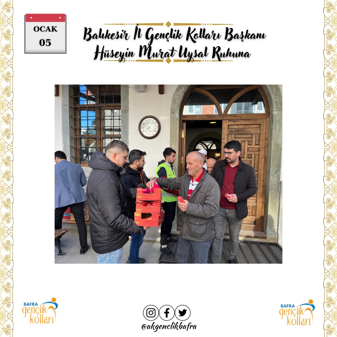 AkGenclikBAFRA's tweet photo. Kısa bir süre önce kaybettiğimiz Balıkesir İl Gençlik Kolları Başkanımız, Yol ve Dava Arkadaşımız Hüseyin Murat UYSAL Adına Cuma Namazı Sonrası İkramda Bulunduk.  

Acımız Taze, Üzüntümüz Derin...
Ak Gençlik Vefadır bilene. 

Rabbim Kaybettiğimiz Tüm Geçmişlerimize Rahmet Eylesin https://t.co/eYn1usSaXT