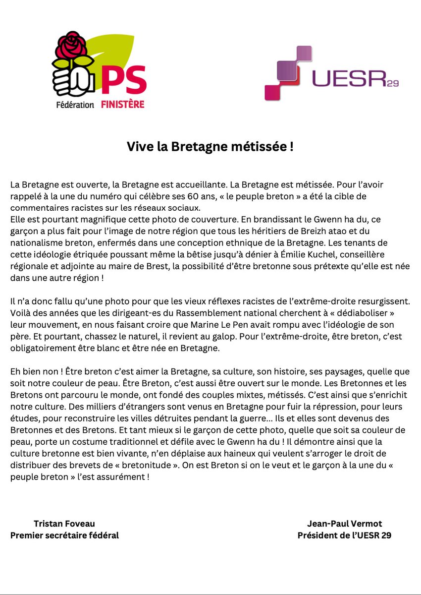 Vive la Bretagne métissée ! 'Il n’a donc fallu qu’une photo pour que les vieux réflexes racistes de l’extrême-droite resurgissent.' #BretagneMétissée Lire le communiqué commun PS/UESR 👇 ps29.org/communiques/vi…