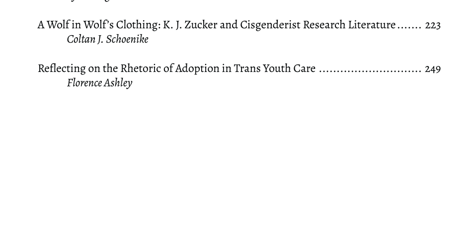 In addition to my article now being published, I have to fangirl for a sec about being in the same issue as and listed right next to Florence fucking Ashley. Thank you @ButNotTheCity for being such a badass this budding trans academic can look up to.