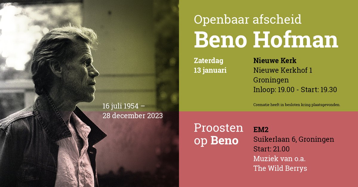RH_1983's tweet photo. Op 28 december 2023 overleed Beno Hofman. Het was zijn uitdrukkelijke wens om afscheid te nemen van zijn stad en de Stadjers. Dat afscheid gaat er komen, en wel op zaterdag 13 januari aanstaande. Meer informatie: https://t.co/HXmM6YtyZR https://t.co/9tGs7Hir5C