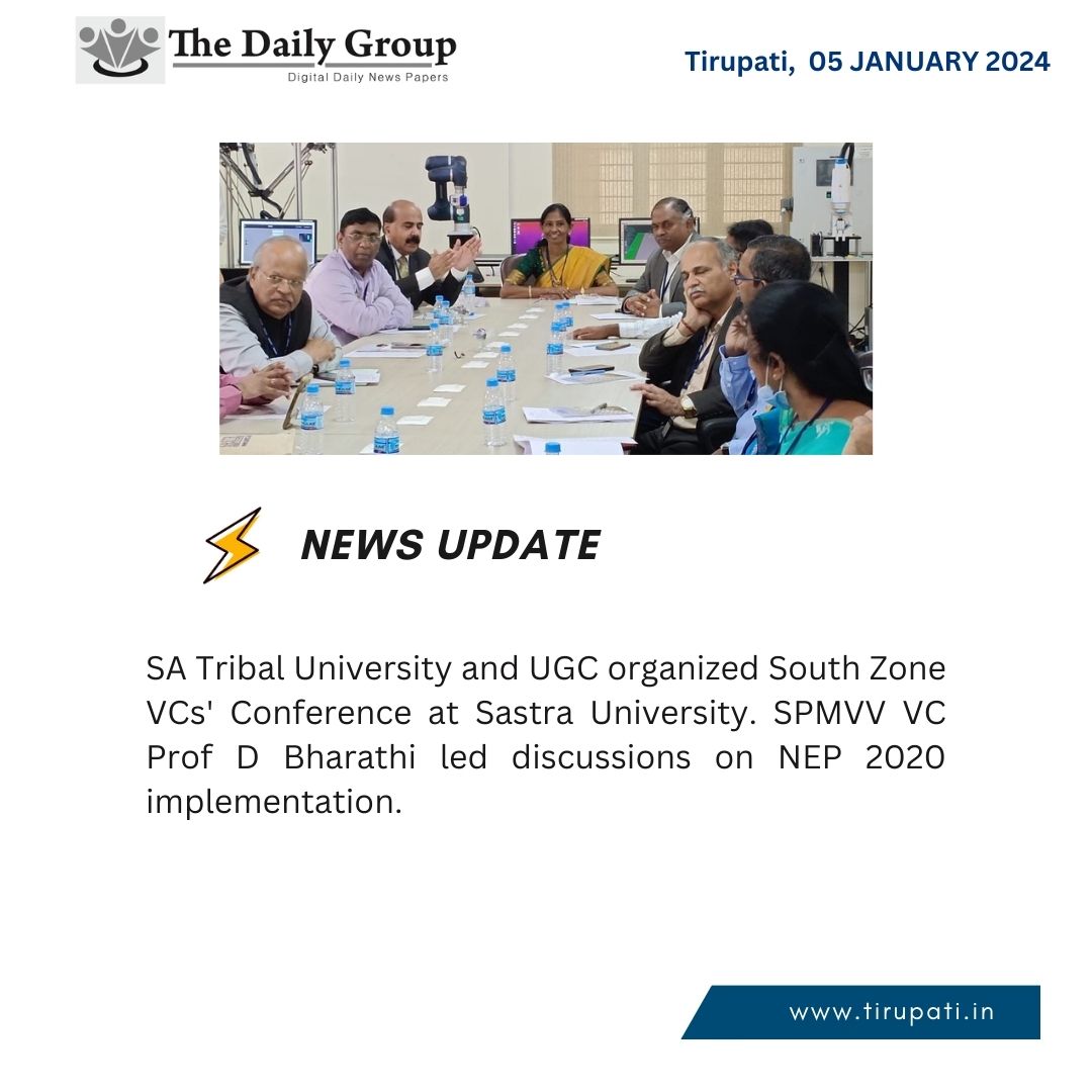 thedailygroups's tweet image. 📢 Prof D Bharathi, Vice Chancellor of SPMVV, leads South Zone VCs' Conference at Sastra University. Focus on New Education Policy 2020 implementation, featuring discussions on holistic education, digital empowerment, and more. #HigherEdTalks #NEP2020 #EducationInnovation