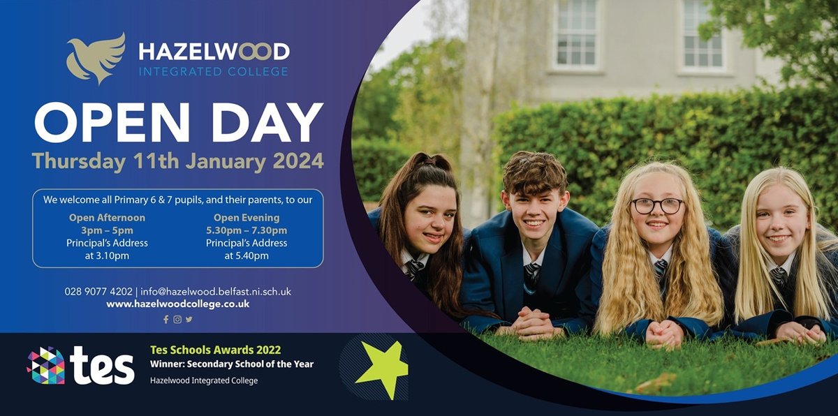 hazelwoodni's tweet image. **Please see changes in times for Principal's Address**

Hazelwood Integrated College - Open Day

Thursday 11th January 2024

Principal's Address will now take place at 3.10pm and 5.40pm