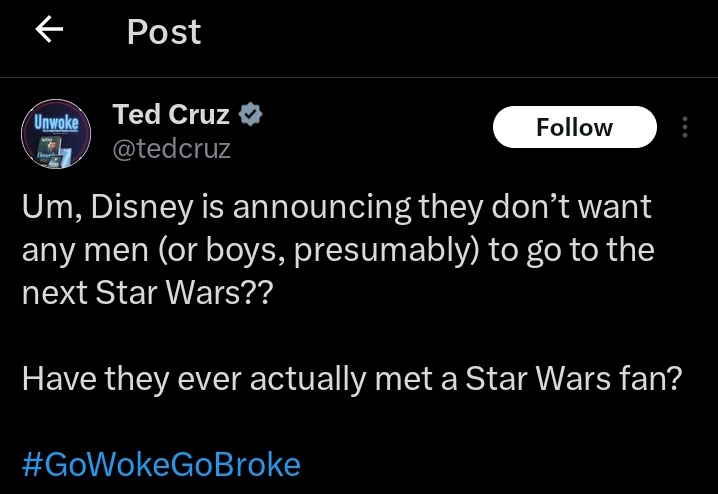 QuiGonJenna's tweet photo. My son is ecstatic for the next Star Wars film. My dad is excited too, as are my guy friends.

Having a protagonist who happens to be a woman &amp; a director who is too does not mean that SW doesn't want male fans; Star Wars is for everyone.

Once again, faux outrage over nothing. https://t.co/AkvMTRFkwk