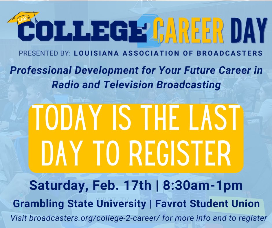 LABroadcasters's tweet photo. We have a spot for you at our College2Career Day!

Join us for a day of professional development for your future career in radio and television, from expert speakers to resume advice and more.

Today is the LAST DAY to register! Visit https://t.co/50zKHcZfkg to register. https://t.co/i01kYlFNSt