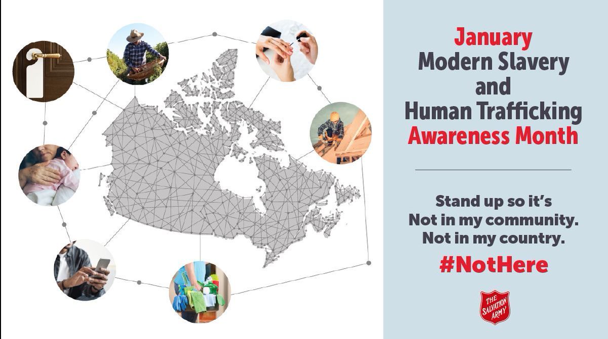 SAHarbourLight's tweet image. January is Modern Slavery and Human Trafficking Awareness Month.
Modern Slavery and Human Trafficking (MSHT) crimes exist in Canada and worldwide. 

To learn more about The Salvation Army’s MSHT campaign and response, visit 👉 buff.ly/3RRAMVF
#NotHere