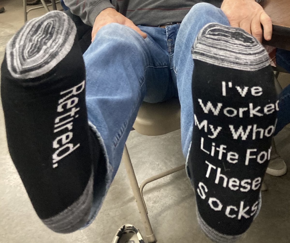 ETC celebrated two retirements this morning, Van Powell with 45 years of service, and David Totherow with 32 years of service. We congratulate and thank these two gentlemen for a job well done. David's socks say it all.