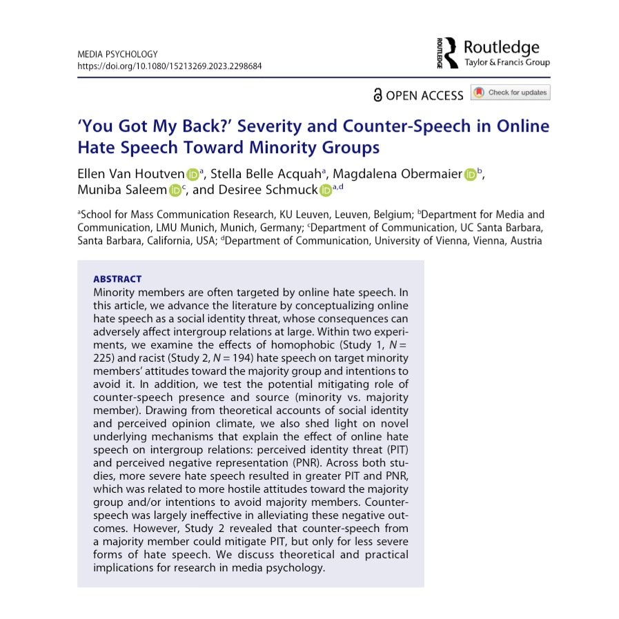 Thrilled to announce that our two-study paper on online hate speech has been published open access @MediaPsychMEP! Shoutout to our co-authors Stella B. Acquah, @Malena_Kah, @niba_saleem & @DesireeSchmuck for their great collaboration! See 🧵 for more (1/4) tandfonline.com/doi/full/10.10…