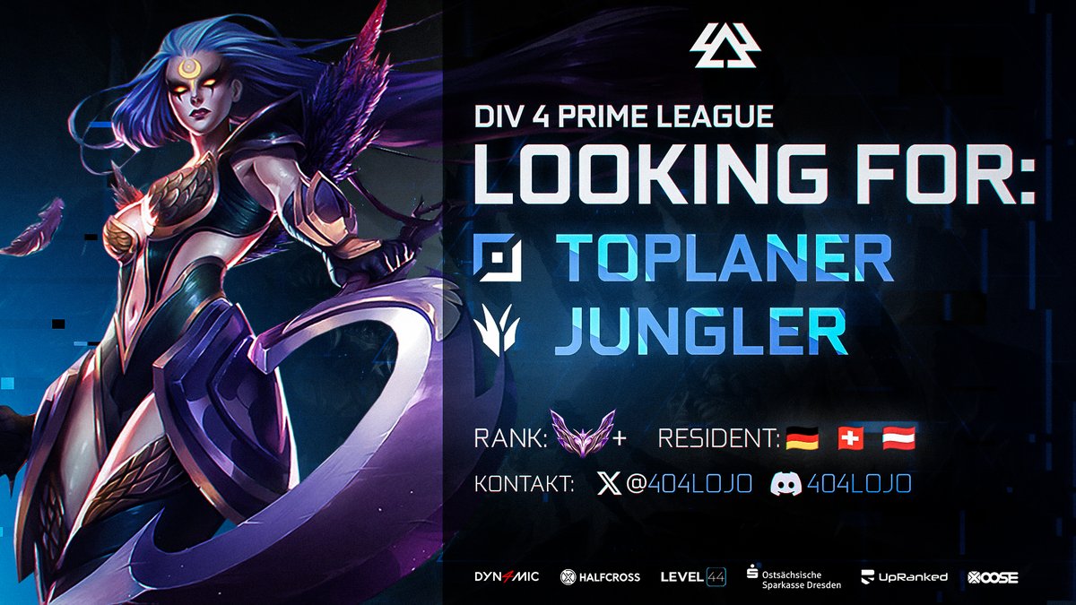 Du hast Lust auf die 4. Division der @PrimeLeague? 👉404 #Tryouts: 🔼TOPLANE & 🔁JUNGLE Elo: Master+ Alter: 18+ Unpaid☝ Wir bieten: strukturiertes Umfeld, Coach, Teammanager, Erfolgsprämien Kontakt: @404lojo RT = 💙 #LIMITSNOTFOUND #404MG #LeagueofLegends #LFT #LFP #Dresden