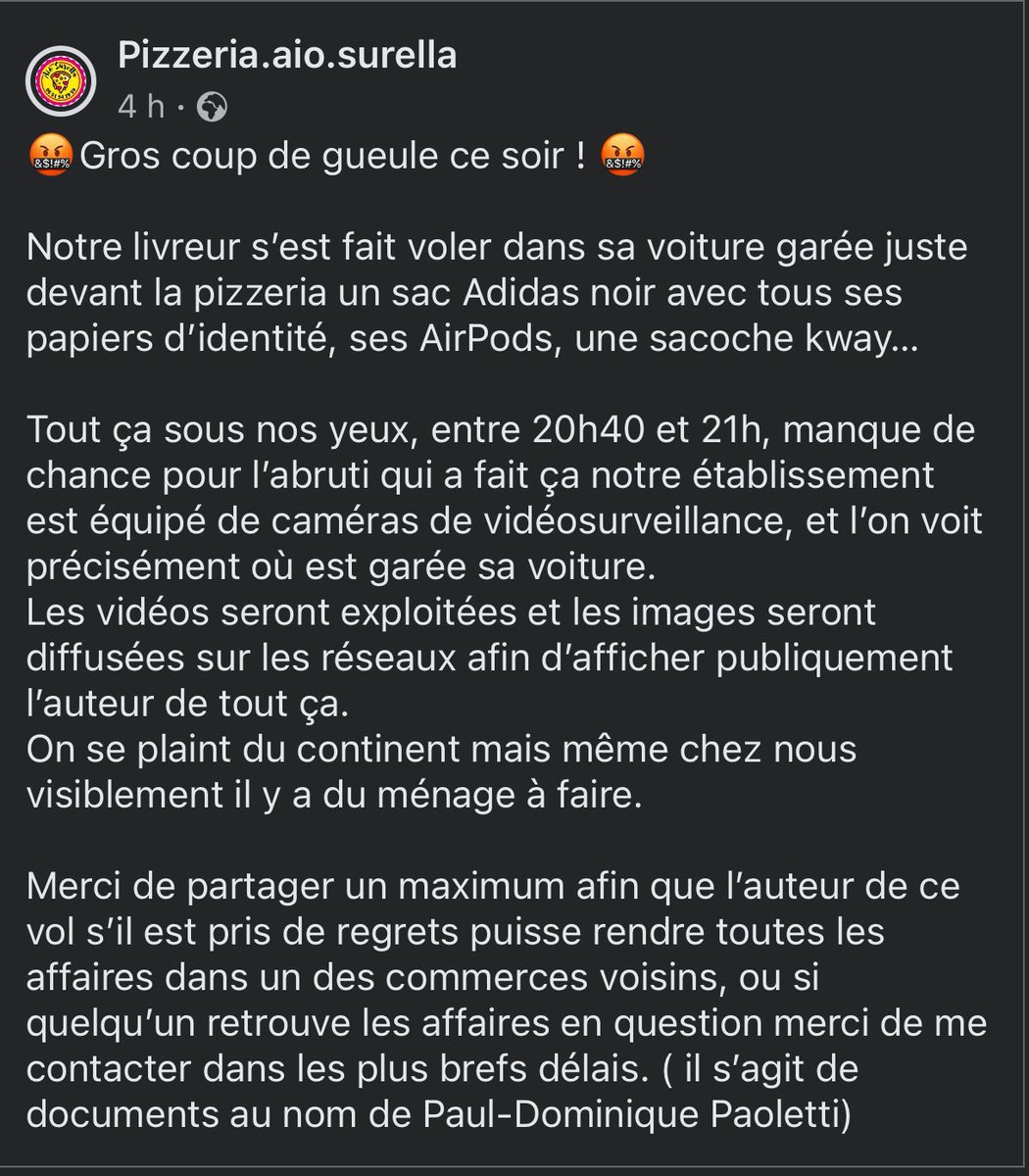PauluDume's tweet photo. La corse n’est plus ce qu’elle était, et ça maintenant depuis quelques années. 
Je prie pour toi que mon sac sera rapporté avec mes papiers au plus vite à la pizzeria ou dans un commerce voisin.

Tinta CORSICA ! 
Oghje socu eiu, dumane sarà voi ! Feti casu à i vostri affari. https://t.co/SPHy6ZRdvg