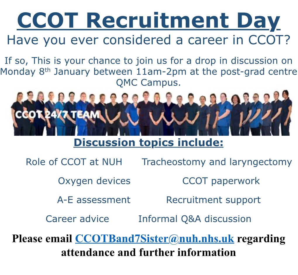 Join us on Monday 8th January between 11am - 2pm to discuss recruitment & all things CCOT related. Please get in touch if you have any questions & confirm your attendance by emailing: CCOTBand7Sister@nuh.nhs.uk