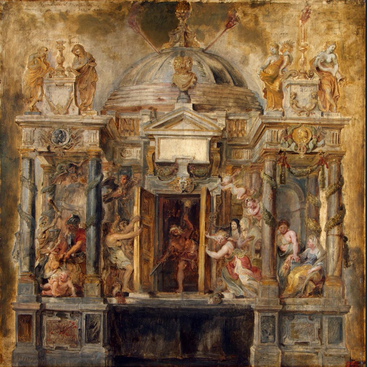 In the theme of this deity, the Hermitage Museum hosts Rubens' masterpiece: 'The Temple of Janus,' featuring its bifrontal depiction at the top.