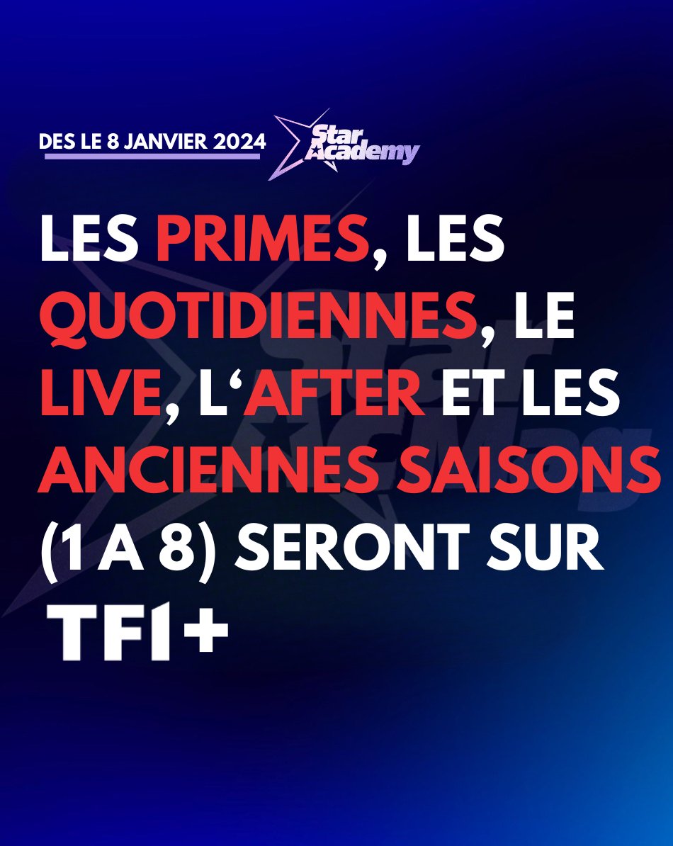 LeMagStarAc's tweet photo. DES CE LUNDI, LES PRIMES, LES QUOTIDIENNES, LE LIVE, L'AFTER ET LES ANCIENNES SAISONS DE LA #StarAcademy SERONT DISPONIBLE SUR TF1+, LA NOUVELLE PLATEFORME DE STREAMING GRATUIT*

*Abonnement disponible pour #StarAcademyLeLive, sans coupure pub ect...